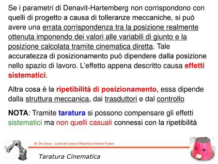 Se i parametri di Denavit-Hartemberg non corrispondono con quelli di progetto a causa di tolleranze meccaniche, si può avere una errata corrispondenza.