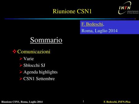 Sommario Riunione CSN1 Comunicazioni F. Bedeschi, Roma, Luglio 2014