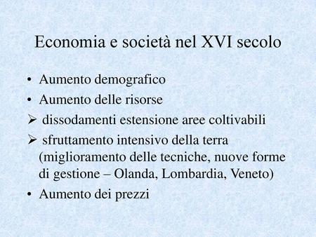 Economia e società nel XVI secolo