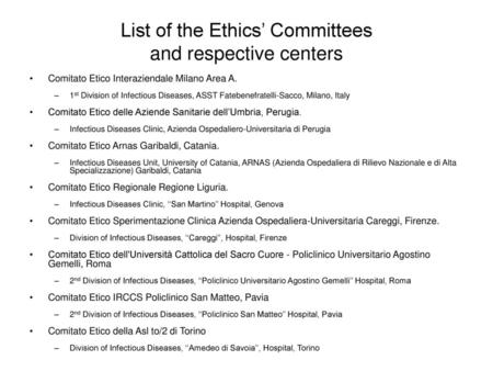 List of the Ethics’ Committees and respective centers