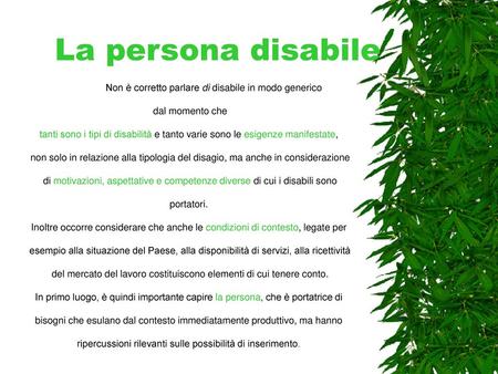La persona disabile Non è corretto parlare di disabile in modo generico dal momento che tanti sono i tipi di disabilità e tanto varie sono le esigenze.