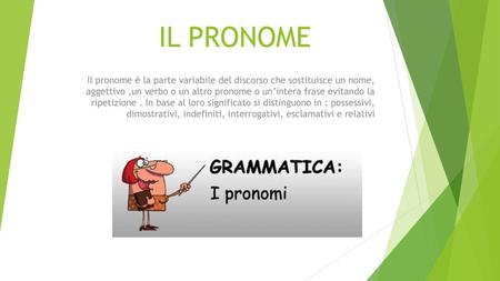 IL PRONOME Il pronome è la parte variabile del discorso che sostituisce un nome, aggettivo ,un verbo o un altro pronome o un’intera frase evitando la.