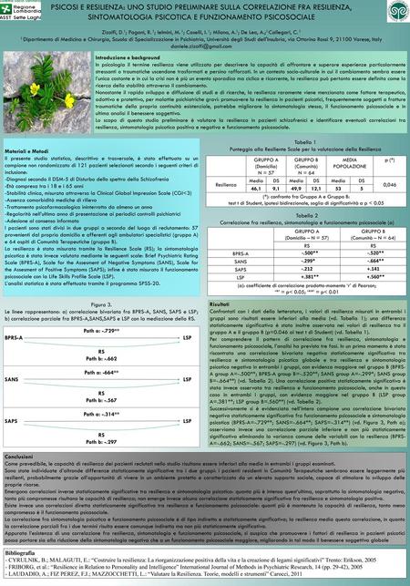 PSICOSI E RESILIENZA: UNO STUDIO PRELIMINARE SULLA CORRELAZIONE FRA RESILIENZA, SINTOMATOLOGIA PSICOTICA E FUNZIONAMENTO PSICOSOCIALE Zizolfi, D.1; Pagani,