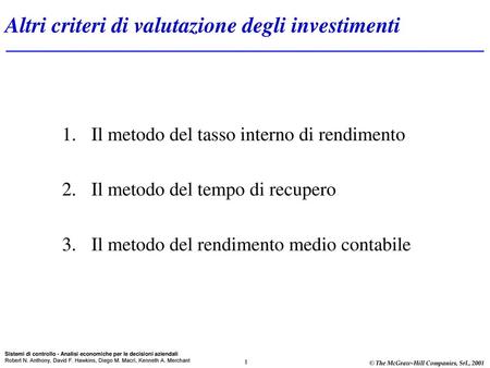 Altri criteri di valutazione degli investimenti
