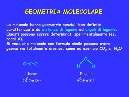 GEOMETRIA MOLECOLARE O H O-C-O Lineare OCO=180° ^ Piegata HOH=105° ^