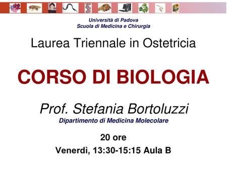 Università di Padova Scuola di Medicina e Chirurgia Laurea Triennale in Ostetricia CORSO DI BIOLOGIA Prof. Stefania Bortoluzzi Dipartimento di Medicina.