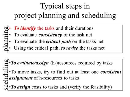 Typical steps in project planning and scheduling To identify the tasks and their durations To evaluate consistency of the task net To evaluate the critical.