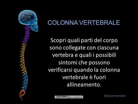 COLONNA VERTEBRALE Scopri quali parti del corpo sono collegate con ciascuna vertebra e quali i possibili sintomi che possono verificarsi quando la colonna.