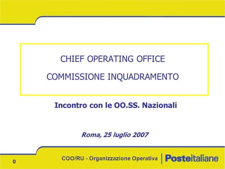 COO/RU - Organizzazione Operativa 0 CHIEF OPERATING OFFICE COMMISSIONE INQUADRAMENTO Roma, 25 luglio 2007 Incontro con le OO.SS. Nazionali.