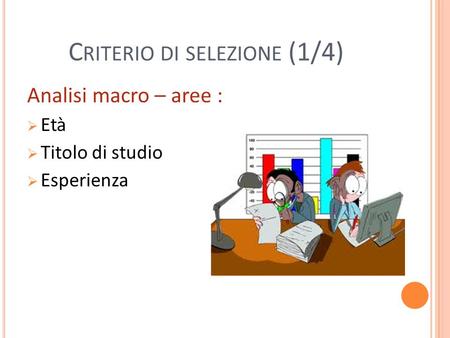 C RITERIO DI SELEZIONE (1/4) Analisi macro – aree :  Età  Titolo di studio  Esperienza.