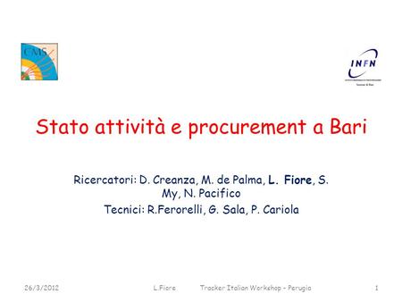 Stato attività e procurement a Bari Ricercatori: D. Creanza, M. de Palma, L. Fiore, S. My, N. Pacifico Tecnici: R.Ferorelli, G. Sala, P. Cariola L.Fiore.