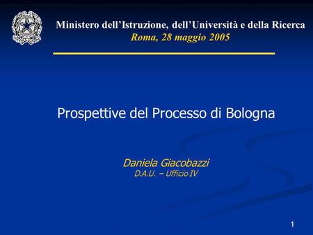 1 Ministero dell’Istruzione, dell’Università e della Ricerca Roma, 28 maggio 2005 Prospettive del Processo di Bologna Daniela Giacobazzi D.A.U. – Ufficio.