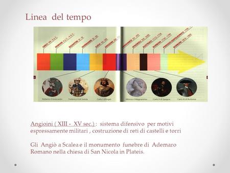 Linea del tempo Angioini ( XIII - XV sec.) : sistema difensivo per motivi espressamente militari , costruzione di reti di castelli e torri Gli.