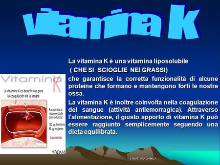 La vitamina K è una vitamina liposolubile ( CHE SI SCIOGLIE NEI GRASSI) ( CHE SI SCIOGLIE NEI GRASSI) che garantisce la corretta funzionalità di alcune.
