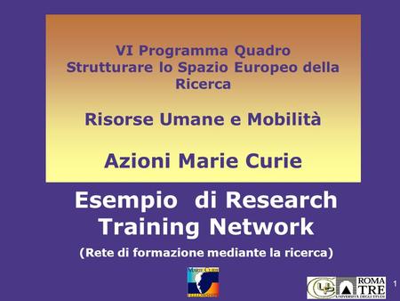 1 VI Programma Quadro Strutturare lo Spazio Europeo della Ricerca Risorse Umane e Mobilità Azioni Marie Curie Esempio di Research Training Network (Rete.