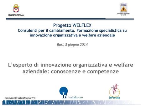 Progetto WELFLEX Consulenti per il cambiamento. Formazione specialistica su innovazione organizzativa e welfare aziendale Bari, 3 giugno 2014 L’esperto.