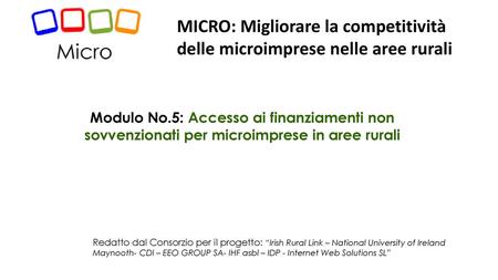 MICRO: Migliorare la competitività delle microimprese nelle aree rurali Modulo No.5: Accesso ai finanziamenti non sovvenzionati per microimprese in aree.