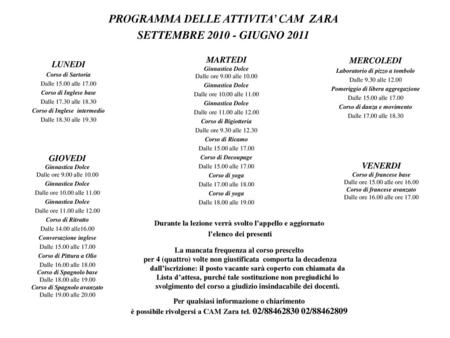 PROGRAMMA DELLE ATTIVITA’ CAM ZARA SETTEMBRE GIUGNO 2011