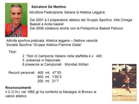 Salvatore De Martino Istruttore Federazione Italiana di Atletica Leggera Dal 2001 è il preparatore atletico del Gruppo Sportivo Alfa Omega Basket e Acilia.