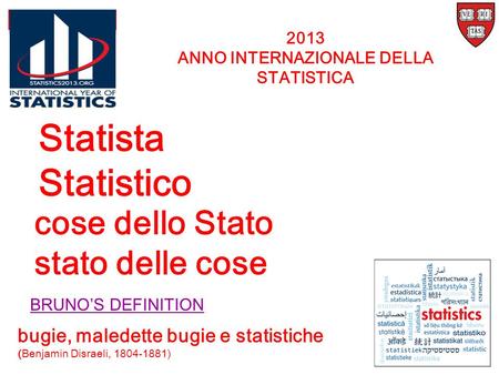 Statista Statistico cose dello Stato stato delle cose BRUNO’S DEFINITION bugie, maledette bugie e statistiche (Benjamin Disraeli, 1804-1881) 2013 ANNO.