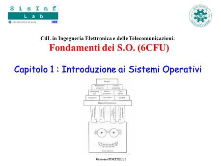 CdL in Ingegneria Elettronica e delle Telecomunicazioni: Fondamenti dei S.O. (6CFU) Capitolo 1 : Introduzione ai Sistemi Operativi Giacomo PISCITELLI.