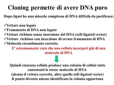 Cloning permette di avere DNA puro Dopo ligasi ho una miscela complessa di DNA difficile da purificare: Vettore non legato Frammento di DNA non legato.
