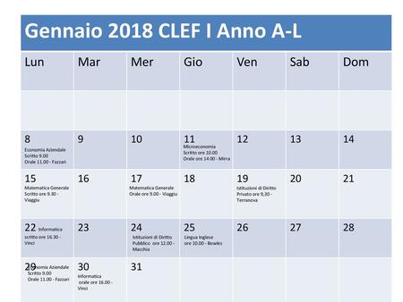 Gennaio 2018 CLEF I Anno A-L Lun Mar Mer Gio Ven Sab Dom