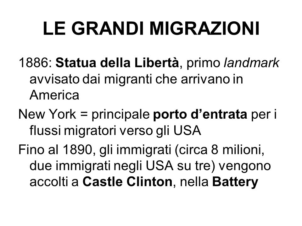 LE GRANDI MIGRAZIONI 1886: Statua della Libertà, primo landmark avvisato dai migranti che arrivano in America.