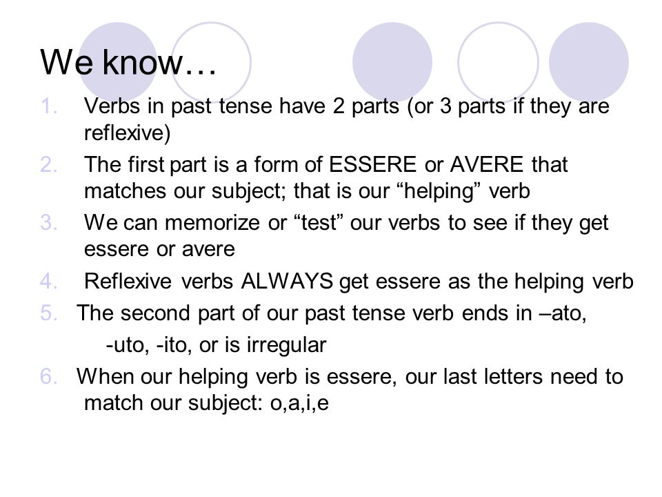 We know… Verbs in past tense have 2 parts (or 3 parts if they are reflexive)