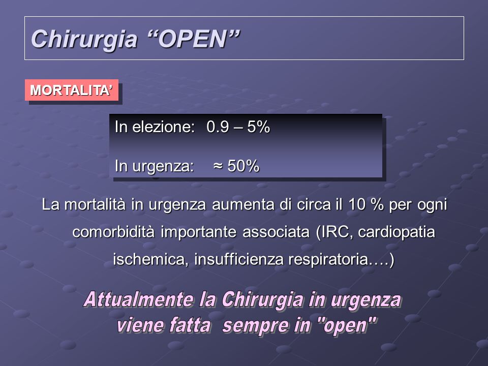 Chirurgia OPEN In elezione: 0.9 – 5% In urgenza: ≈ 50%