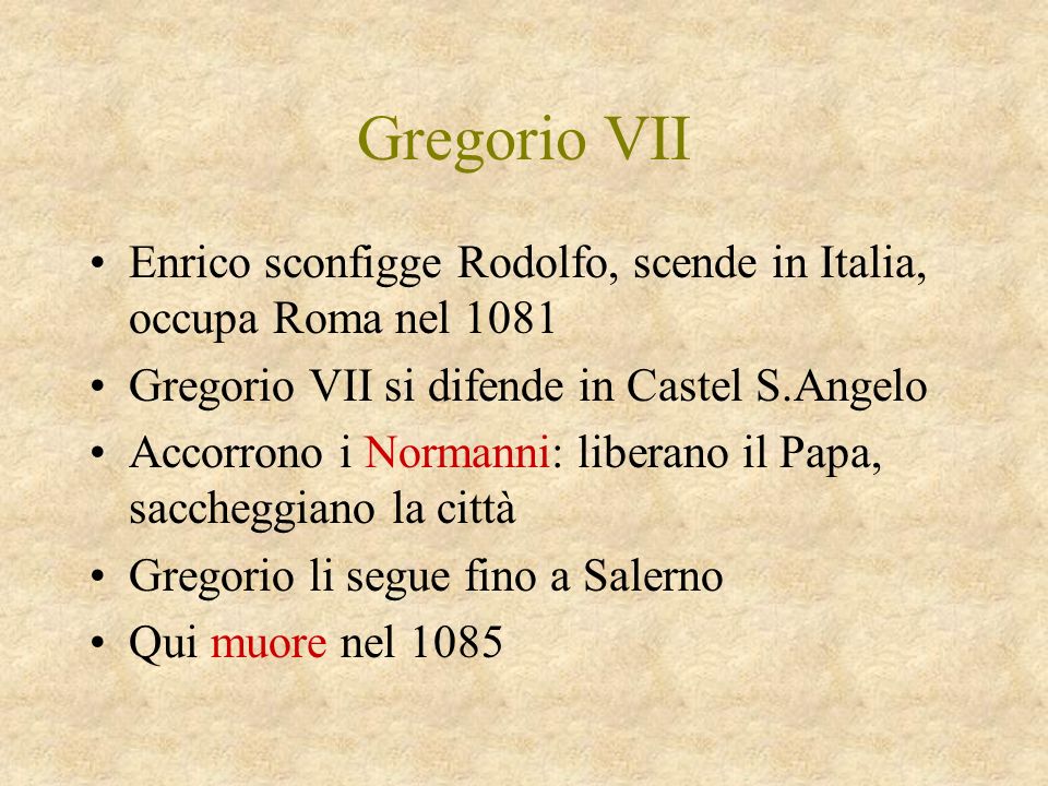 Gregorio VII Enrico sconfigge Rodolfo, scende in Italia, occupa Roma nel Gregorio VII si difende in Castel S.Angelo.