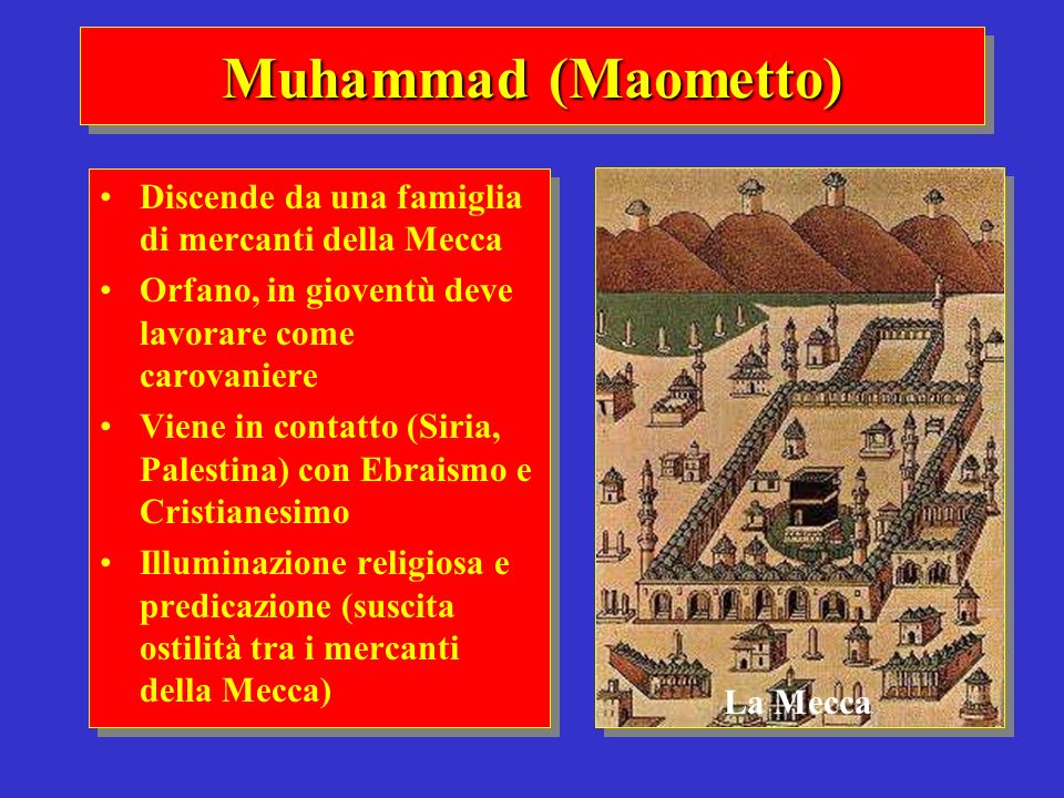 Muhammad (Maometto) Discende da una famiglia di mercanti della Mecca