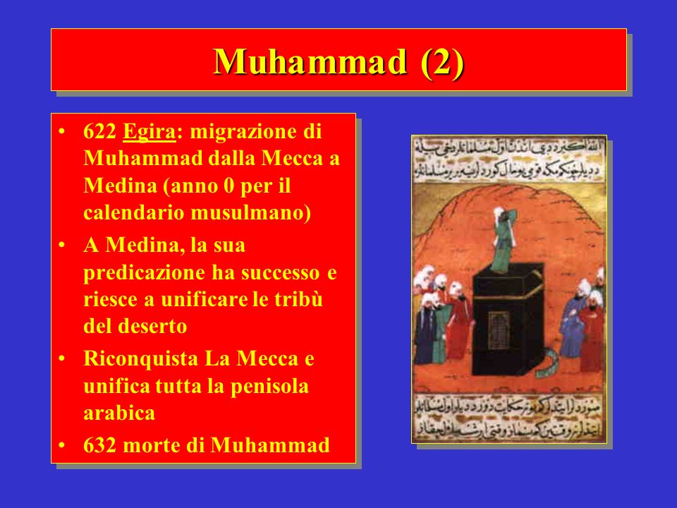 Muhammad (2) 622 Egira: migrazione di Muhammad dalla Mecca a Medina (anno 0 per il calendario musulmano)
