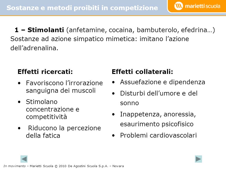 1 – Stimolanti (anfetamine, cocaina, bambuterolo, efedrina…)