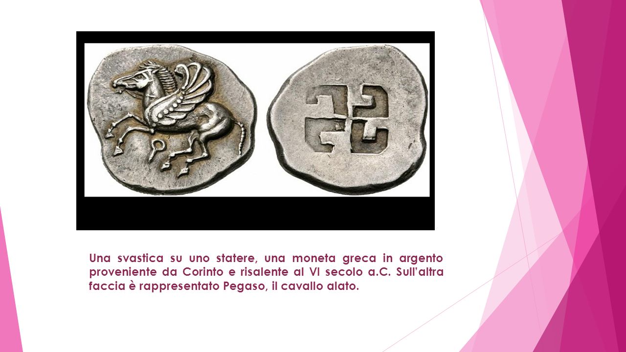 Una svastica su uno statere, una moneta greca in argento proveniente da Corinto e risalente al VI secolo a.C.