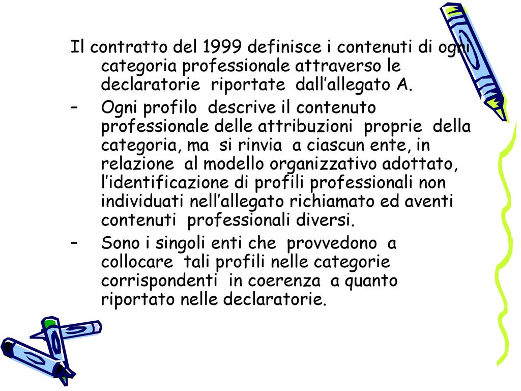 Il contratto del 1999 definisce i contenuti di ogni categoria professionale attraverso le declaratorie riportate dall’allegato A.