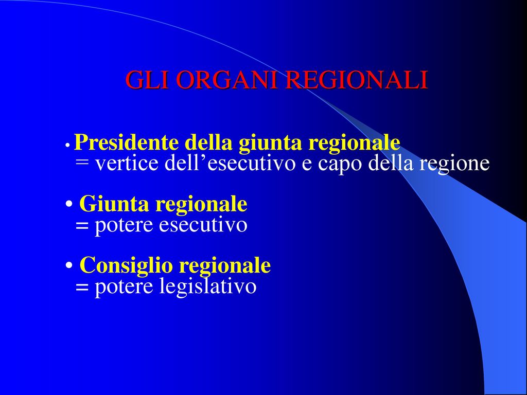 GLI ORGANI REGIONALI = vertice dell’esecutivo e capo della regione