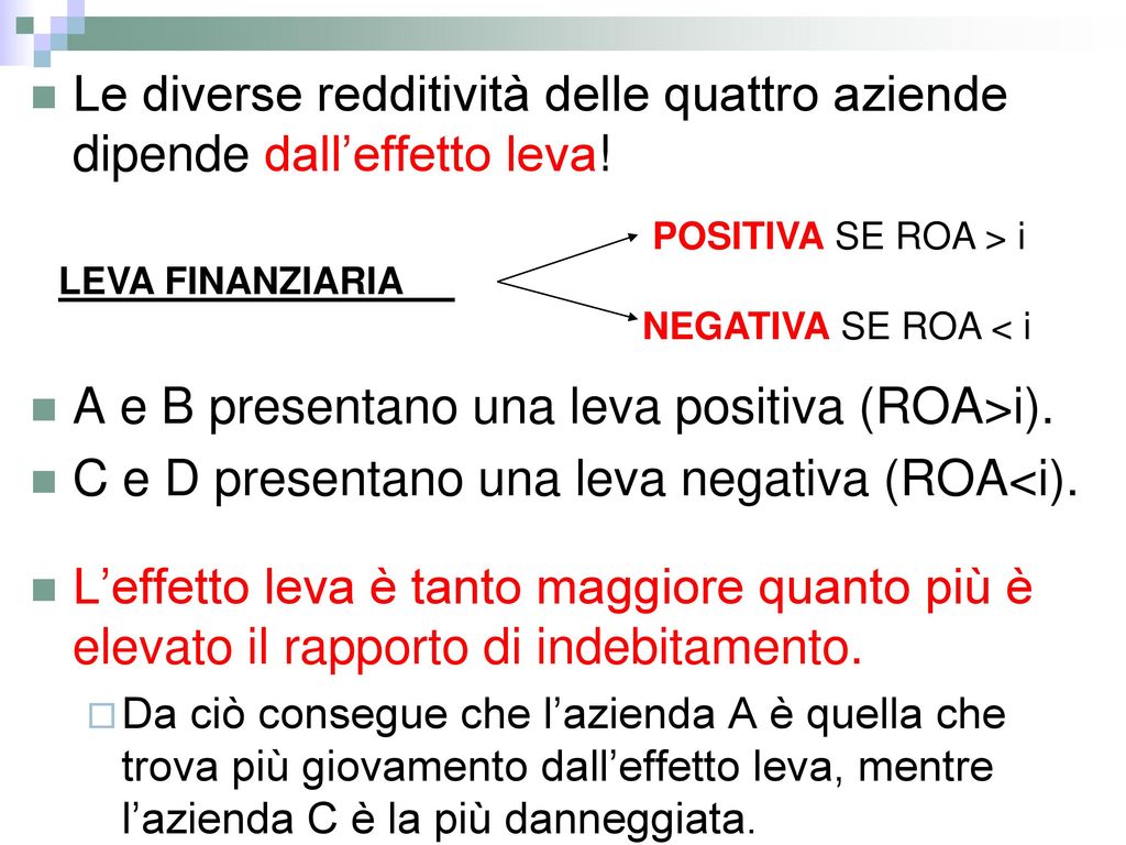A e B presentano una leva positiva (ROA>i).