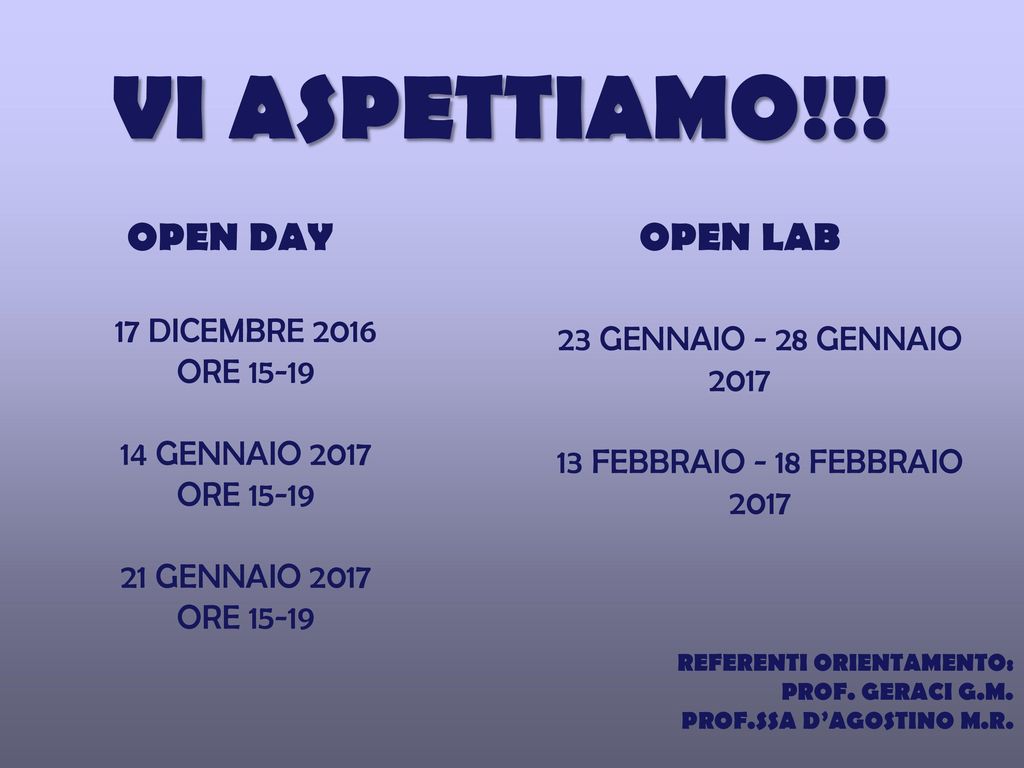 VI ASPETTIAMO!!! OPEN DAY OPEN LAB 17 DICEMBRE 2016