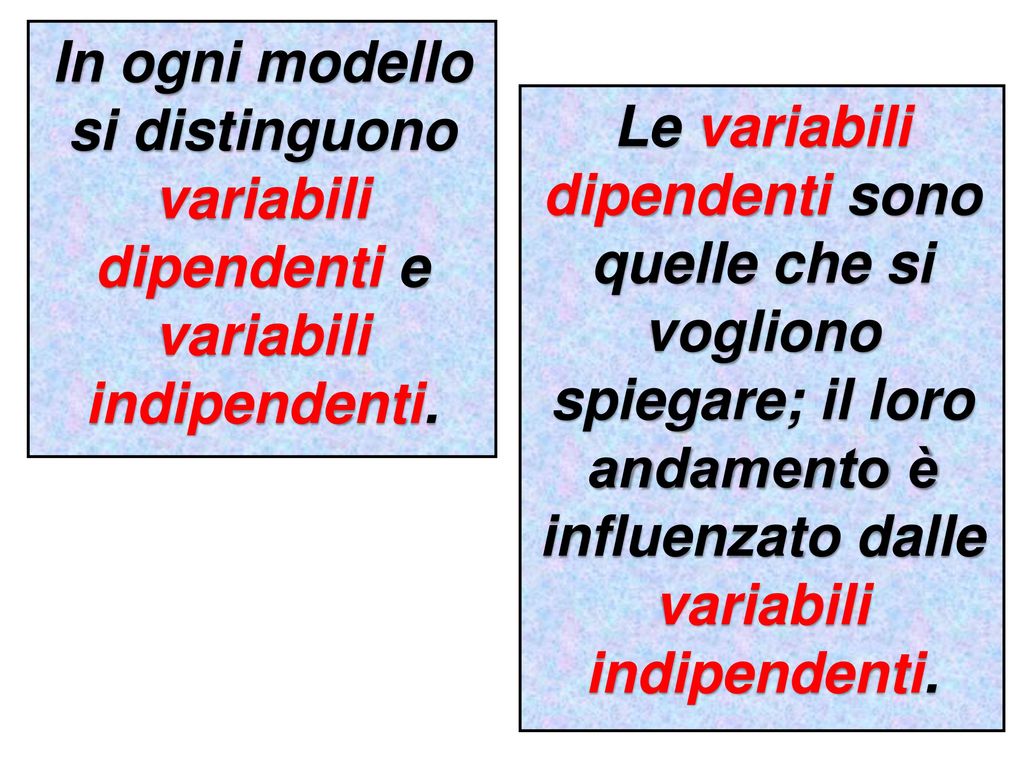 In ogni modello si distinguono variabili dipendenti e variabili indipendenti.