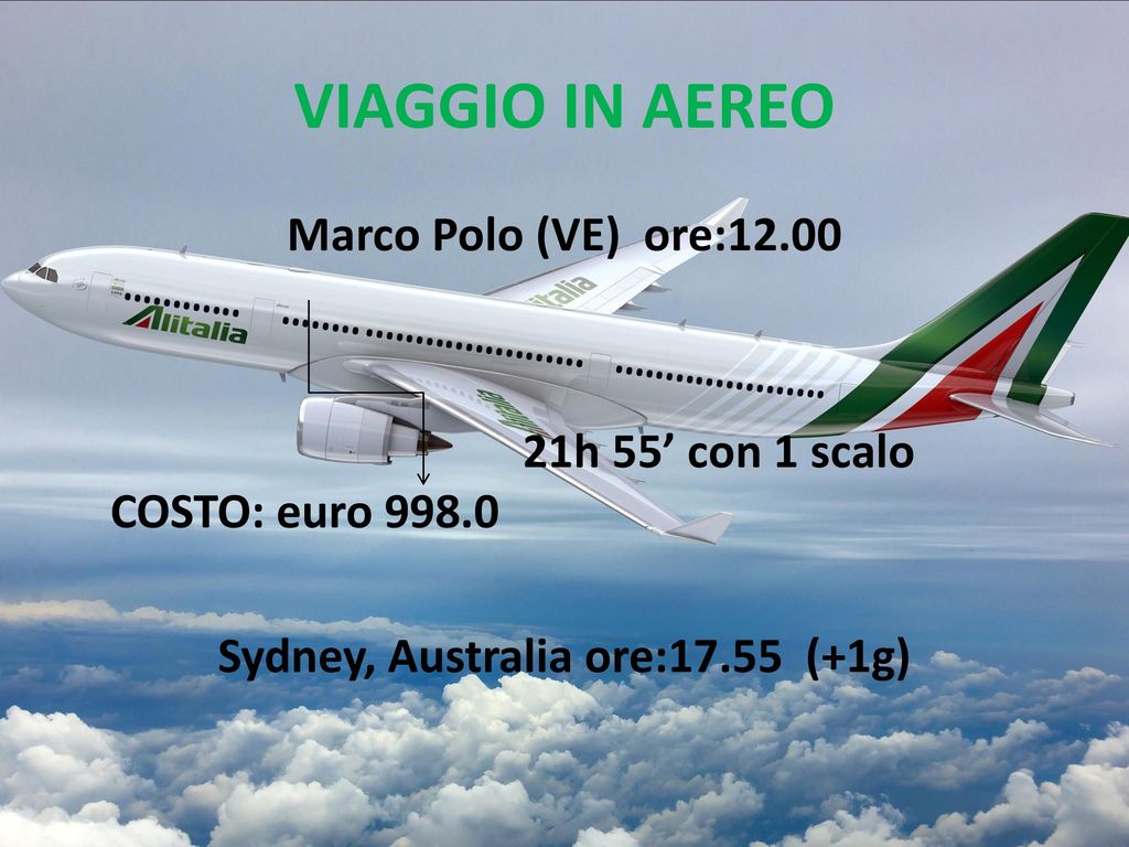 VIAGGIO IN AEREO Marco Polo (VE) ore: h 55’ con 1 scalo COSTO: euro Sydney, Australia ore:17.55 (+1g)