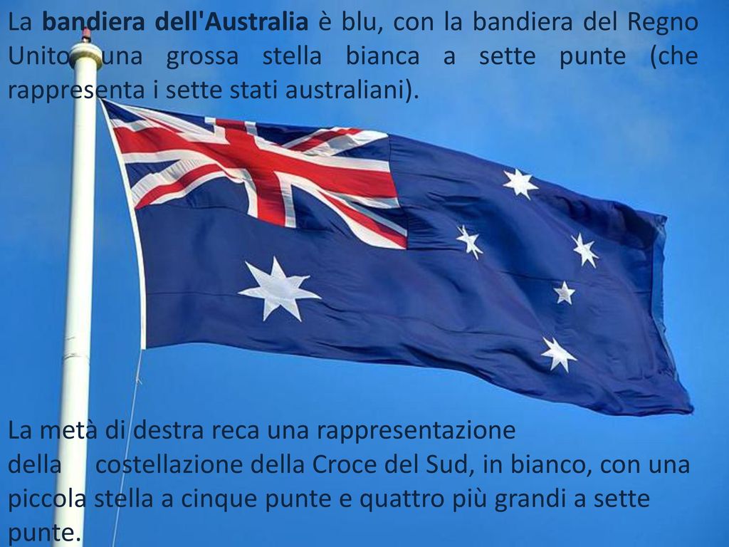 La bandiera dell Australia è blu, con la bandiera del Regno Unito, una grossa stella bianca a sette punte (che rappresenta i sette stati australiani).