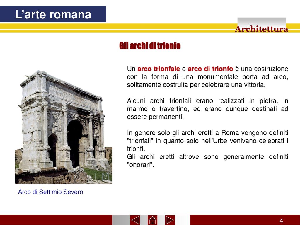 L’arte romana Architettura Gli archi di trionfo
