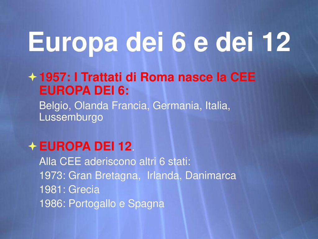 Europa dei 6 e dei : I Trattati di Roma nasce la CEE EUROPA DEI 6: Belgio, Olanda Francia, Germania, Italia, Lussemburgo.