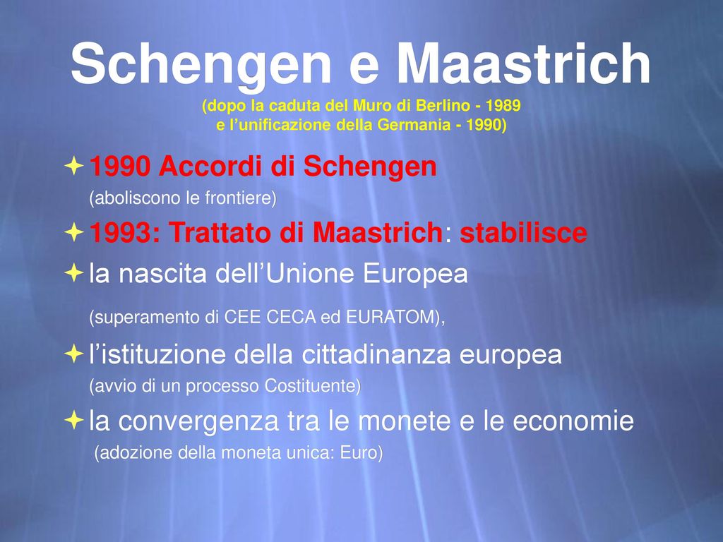 Schengen e Maastrich (dopo la caduta del Muro di Berlino e l’unificazione della Germania )