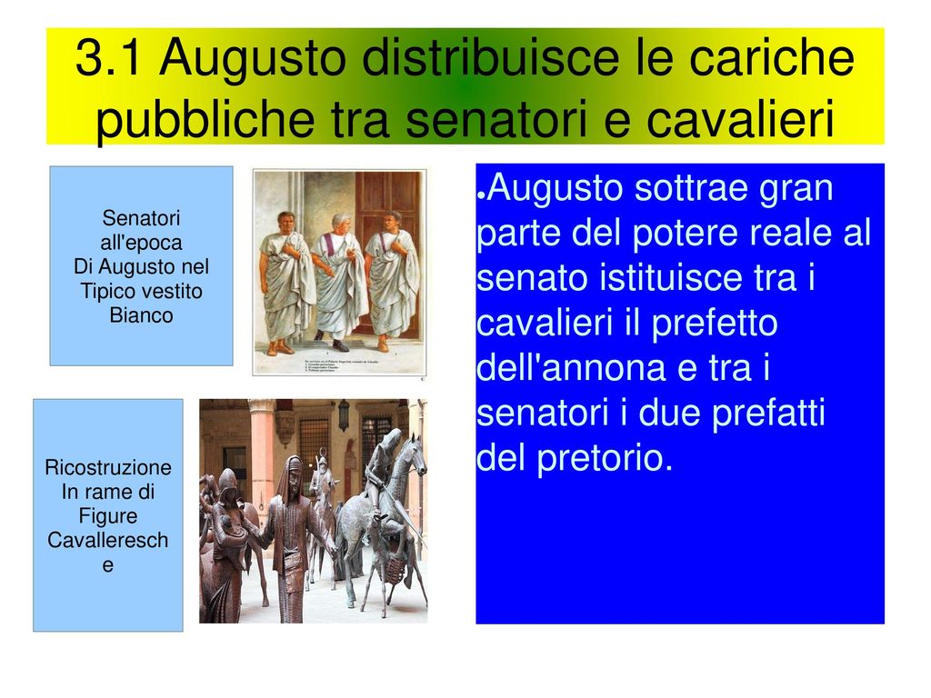 3.1 Augusto distribuisce le cariche pubbliche tra senatori e cavalieri