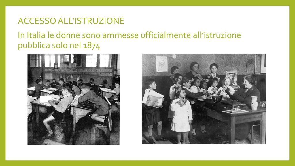 ACCESSO ALL’ISTRUZIONE In Italia le donne sono ammesse ufficialmente all’istruzione pubblica solo nel 1874