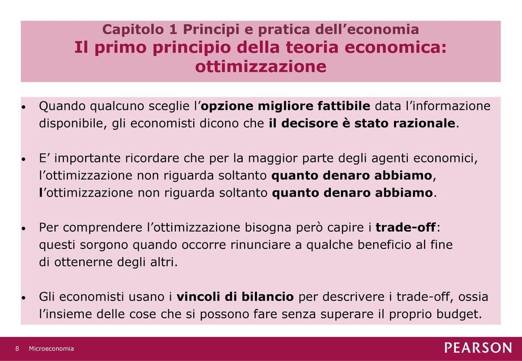 Capitolo 1 Principi e pratica dell’economia Il primo principio della teoria economica: ottimizzazione