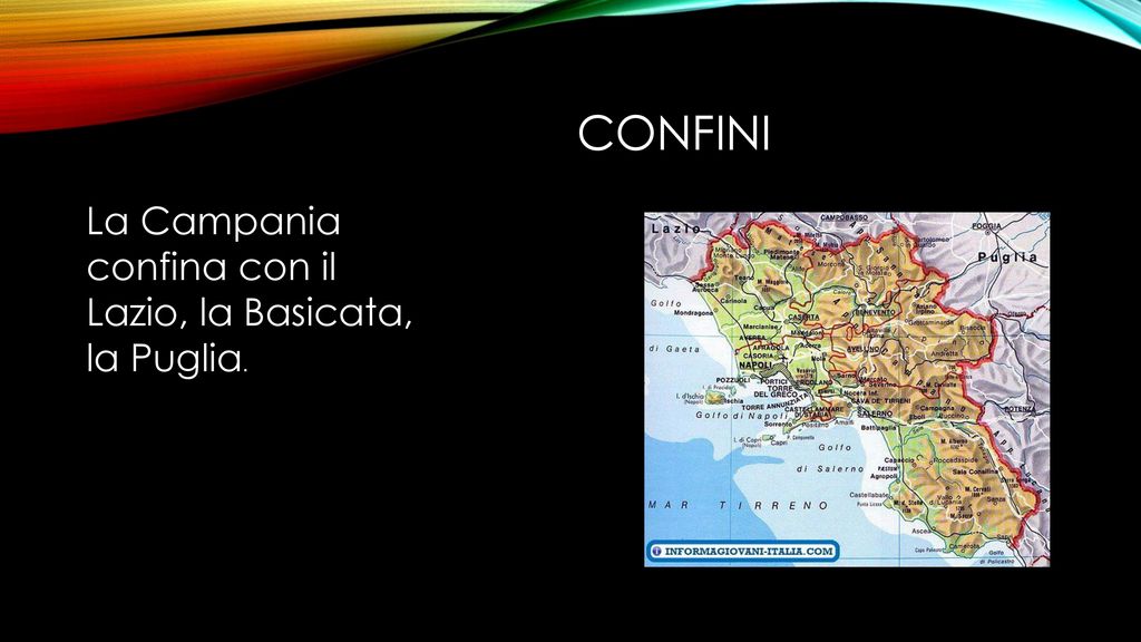 CONFINI La Campania confina con il Lazio, la Basicata, la Puglia.
