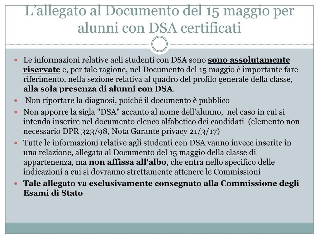 L’allegato al Documento del 15 maggio per alunni con DSA certificati